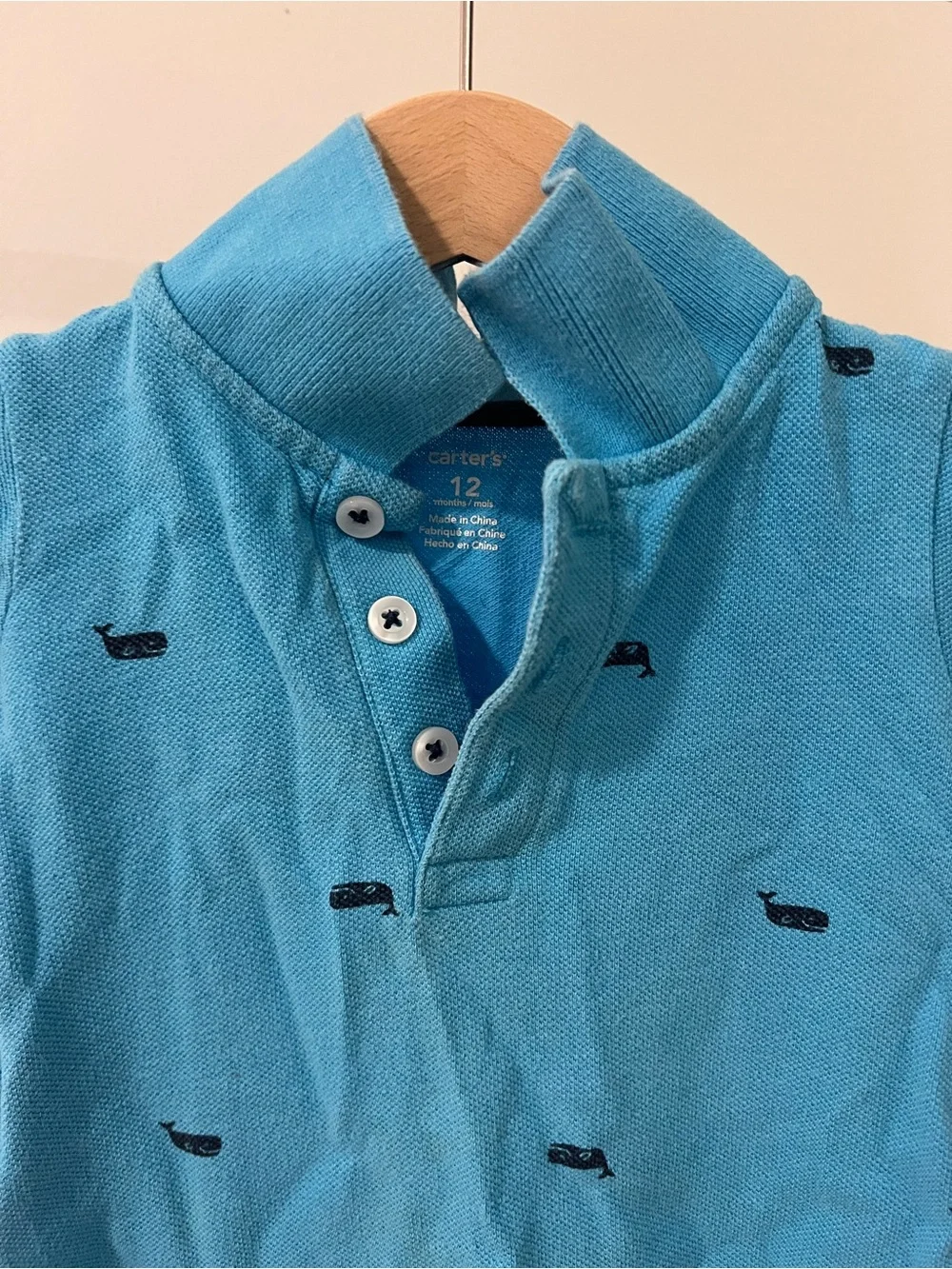 Carter's Bright Blue Polo Romper with Navy Whale Embroidery